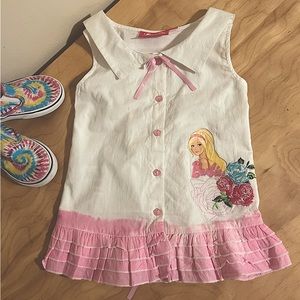 Barbie Pink & White Ruffle Hem Button-up Top